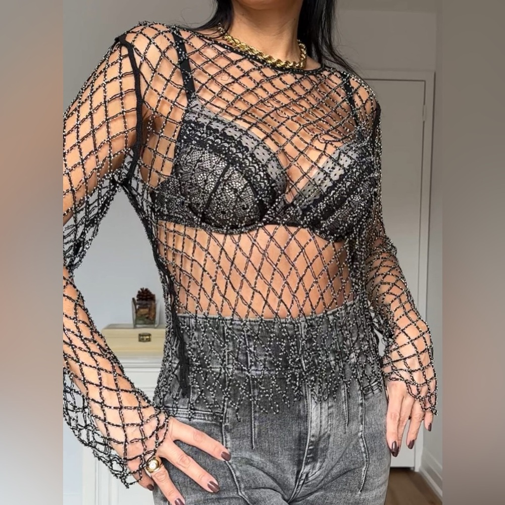 ❌SOLD Zara Mesh Beaded Top NWT - Picture 4 of 16